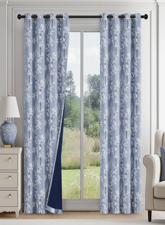 FMFUNCTEX 100% Blackout Floral Curtains for Bedroom, Blue Curtains 90 inches Long Blossom Flower Patterned for Living Room,Thermal Insulated Farmhouse Drapes, Grommet Top 2 Panels (White on Blue) - Image 1